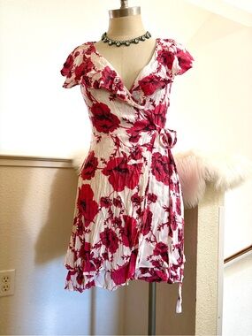Free People White Mini Wrap Dress with Red Floral Print